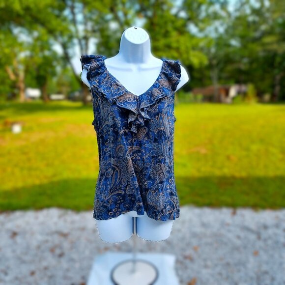 Lauren Ralph Lauren XL Blue Paisley Ruffle Tank Top 100% Cotton Relaxed Fit - Picture 1 of 6